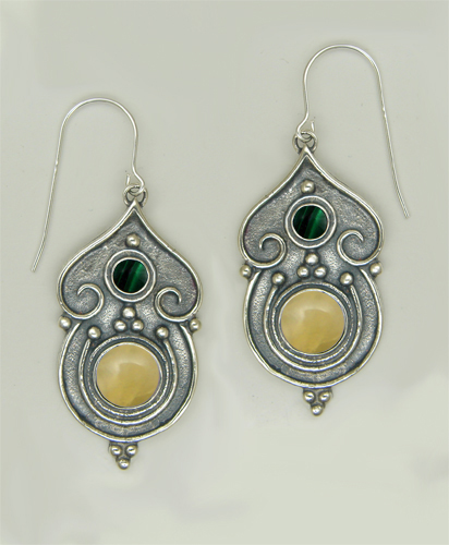 Sterling Silver Gothic Inspired Drop Dangle Earrings With Yellow Jade And Malachite